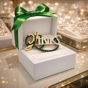Links Crystal Script Brooch Gold Tone Emerald Green White Rhinestone Pin Jewelry